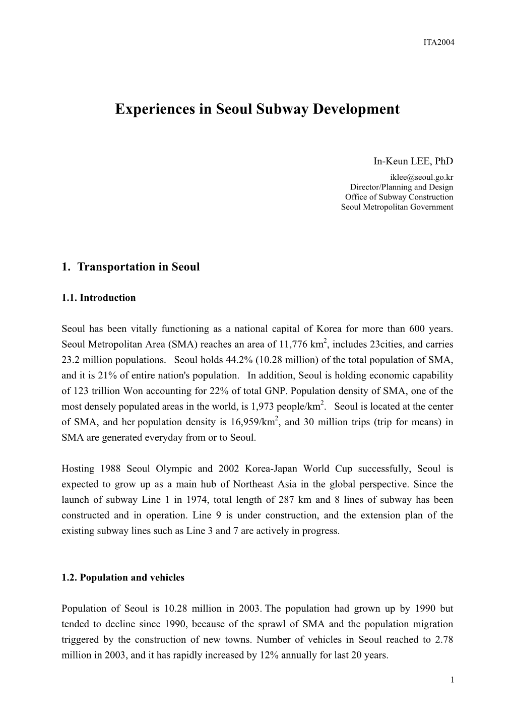 Experiences in Seoul Subway Development