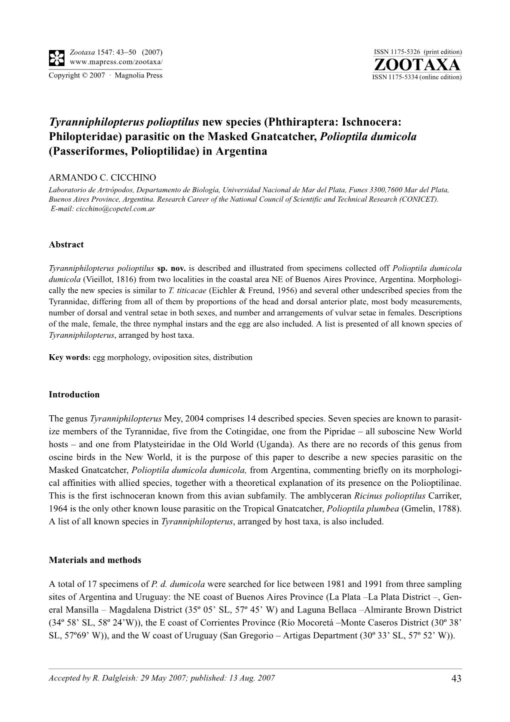 Zootaxa,Tyranniphilopterus Polioptilus New Species (Phthiraptera