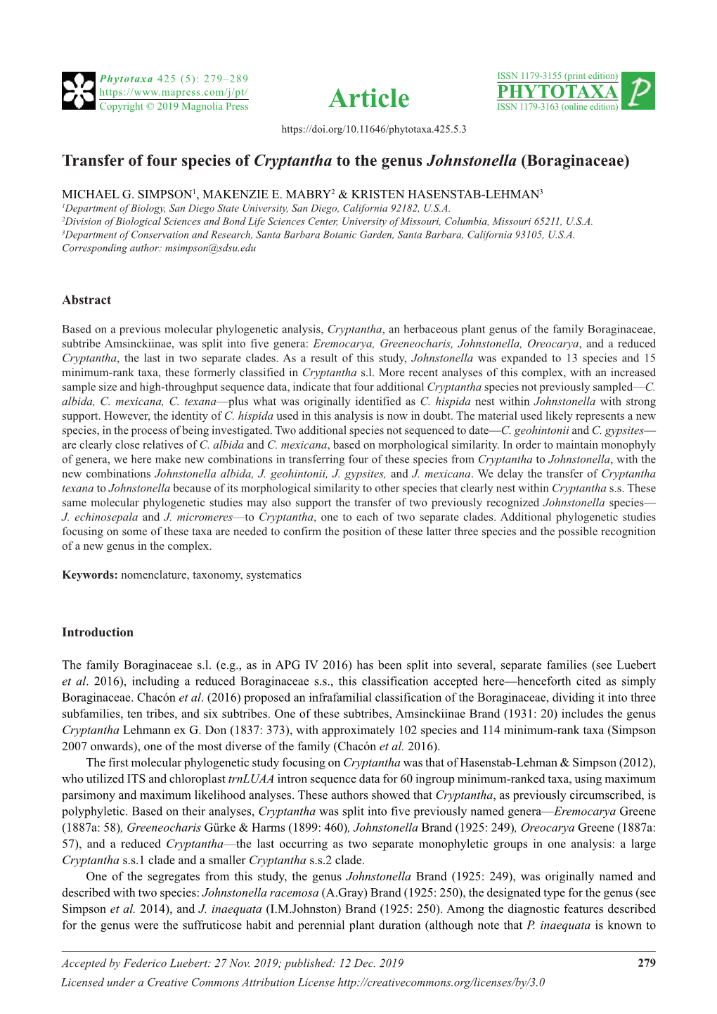 Transfer of Four Species of Cryptantha to the Genus Johnstonella (Boraginaceae)