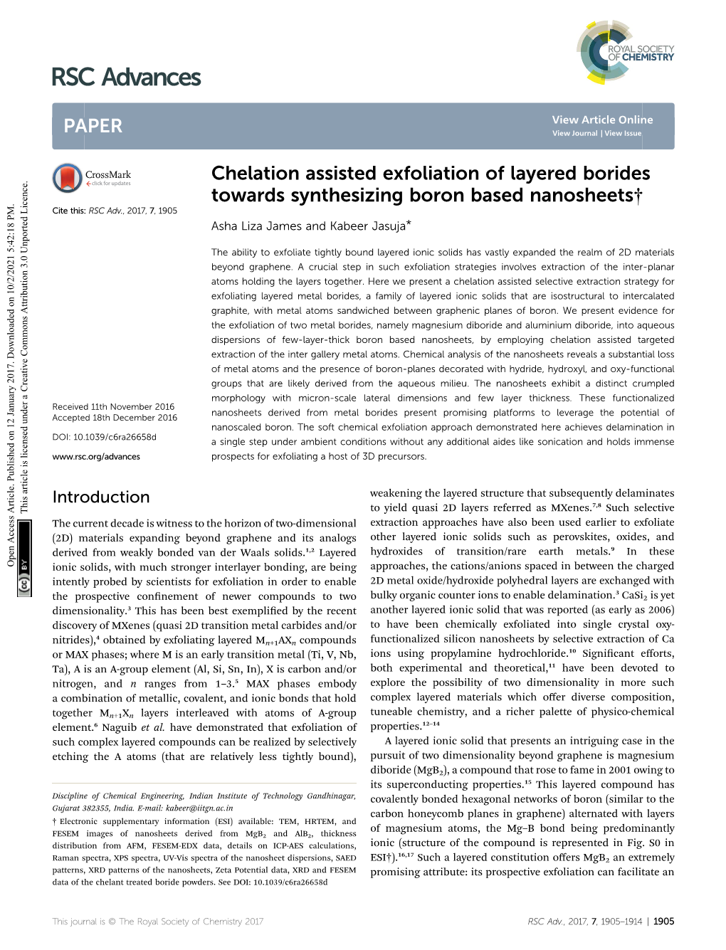 Chelation Assisted Exfoliation of Layered Borides Towards Synthesizing Boron Based Nanosheets† Cite This: RSC Adv.,2017,7,1905 Asha Liza James and Kabeer Jasuja*