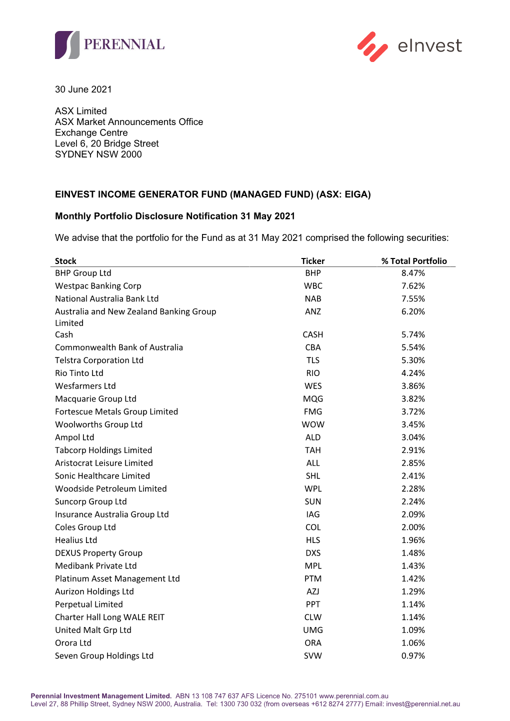 30 June 2021 ASX Limited ASX Market Announcements Office