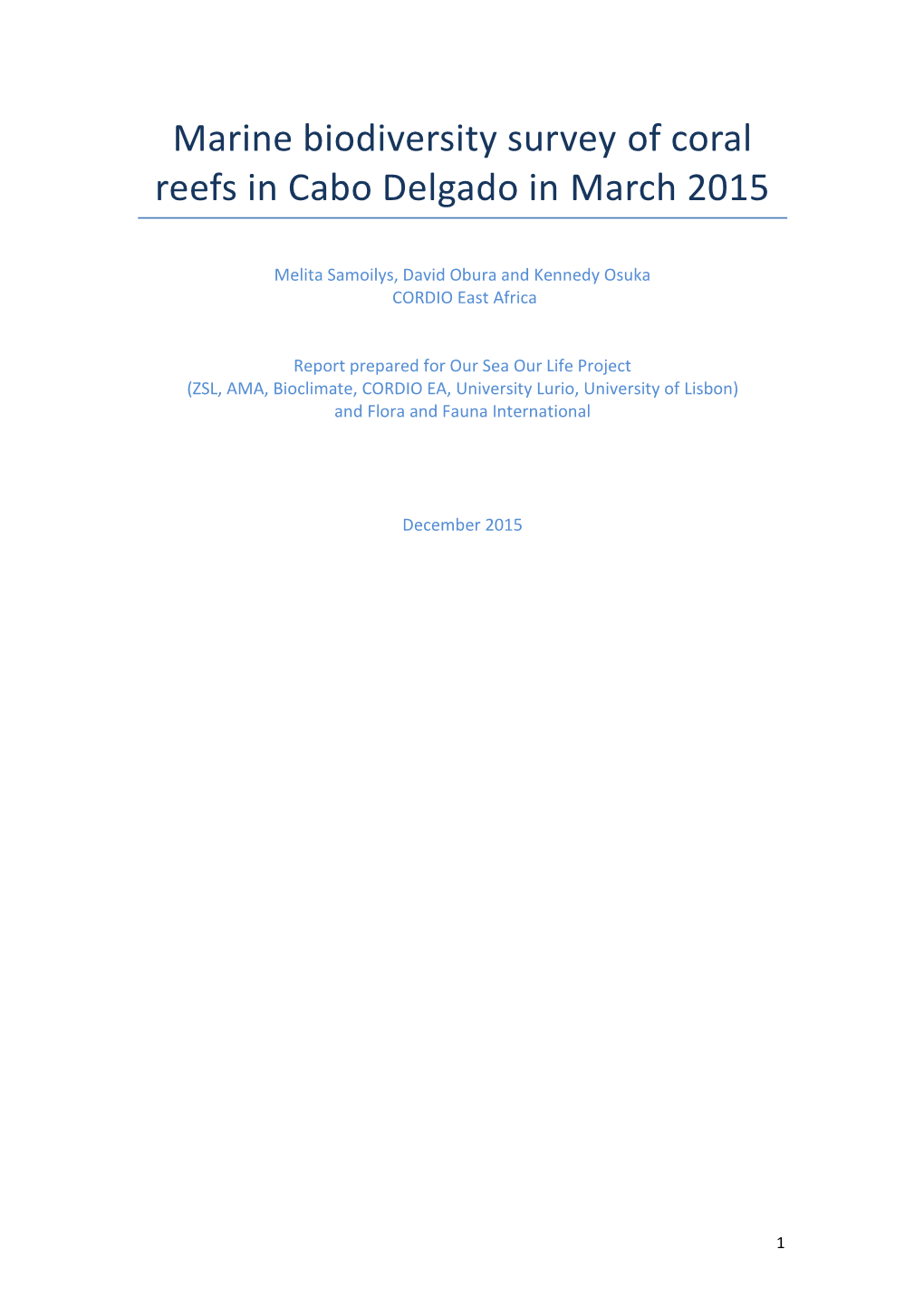 Marine Biodiversity Survey of Coral Reefs in Cabo Delgado in March 2015