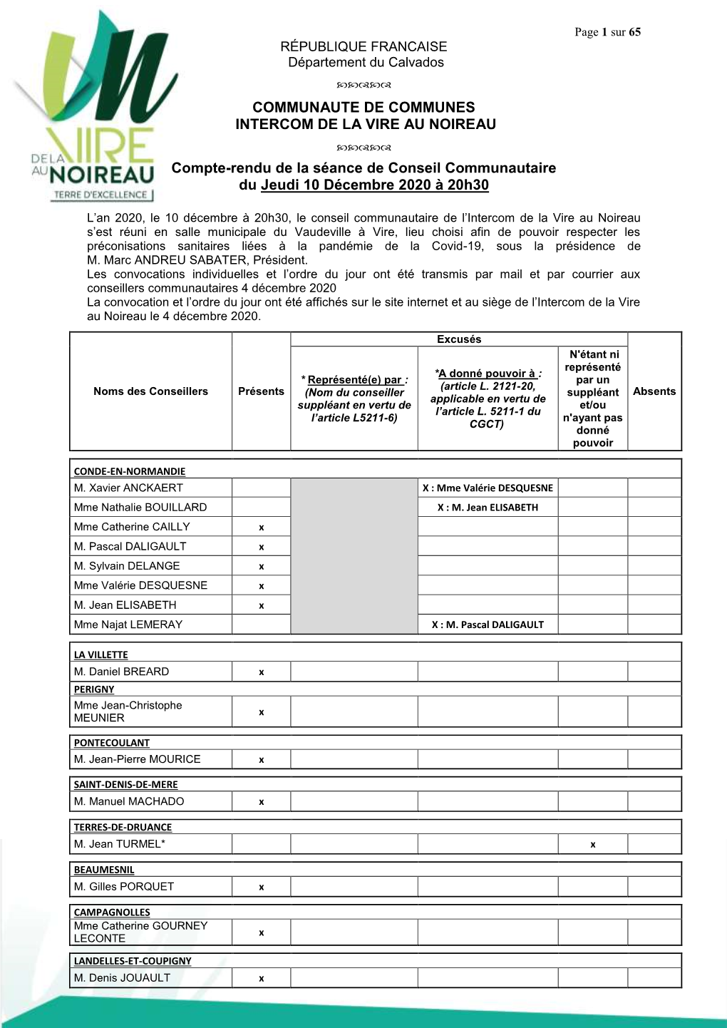 Conseil Communautaire Du 10 Décembre 2020