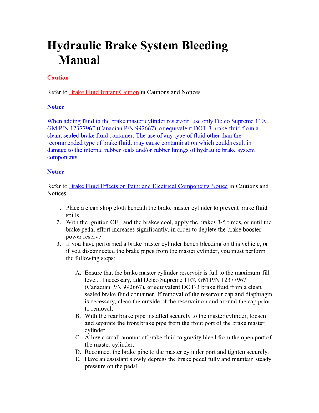 Hydraulic Brake System Bleeding Manual