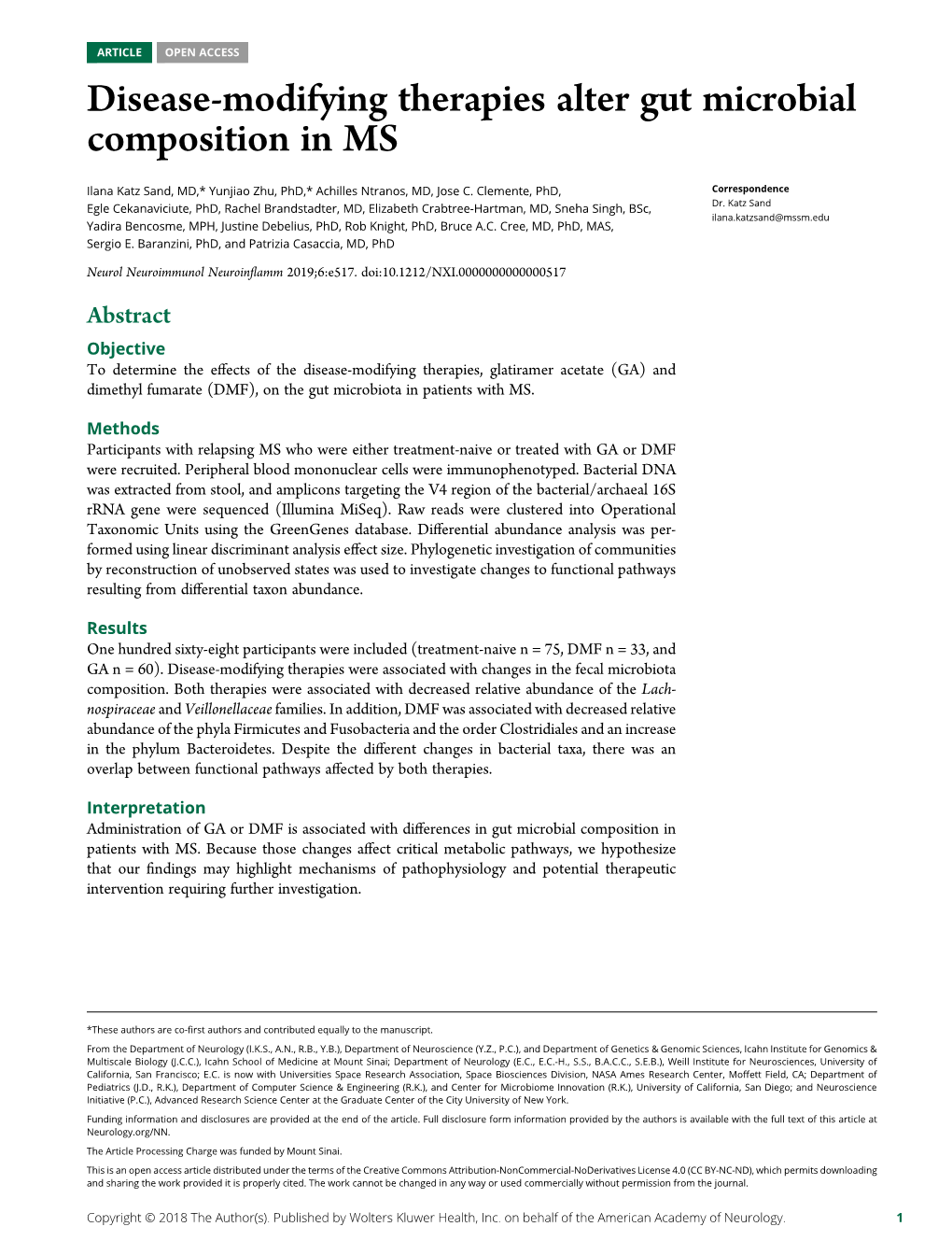 Full Disclosure Form Information Provided by the Authors Is Available with the Full Text of This Article at Neurology.Org/NN