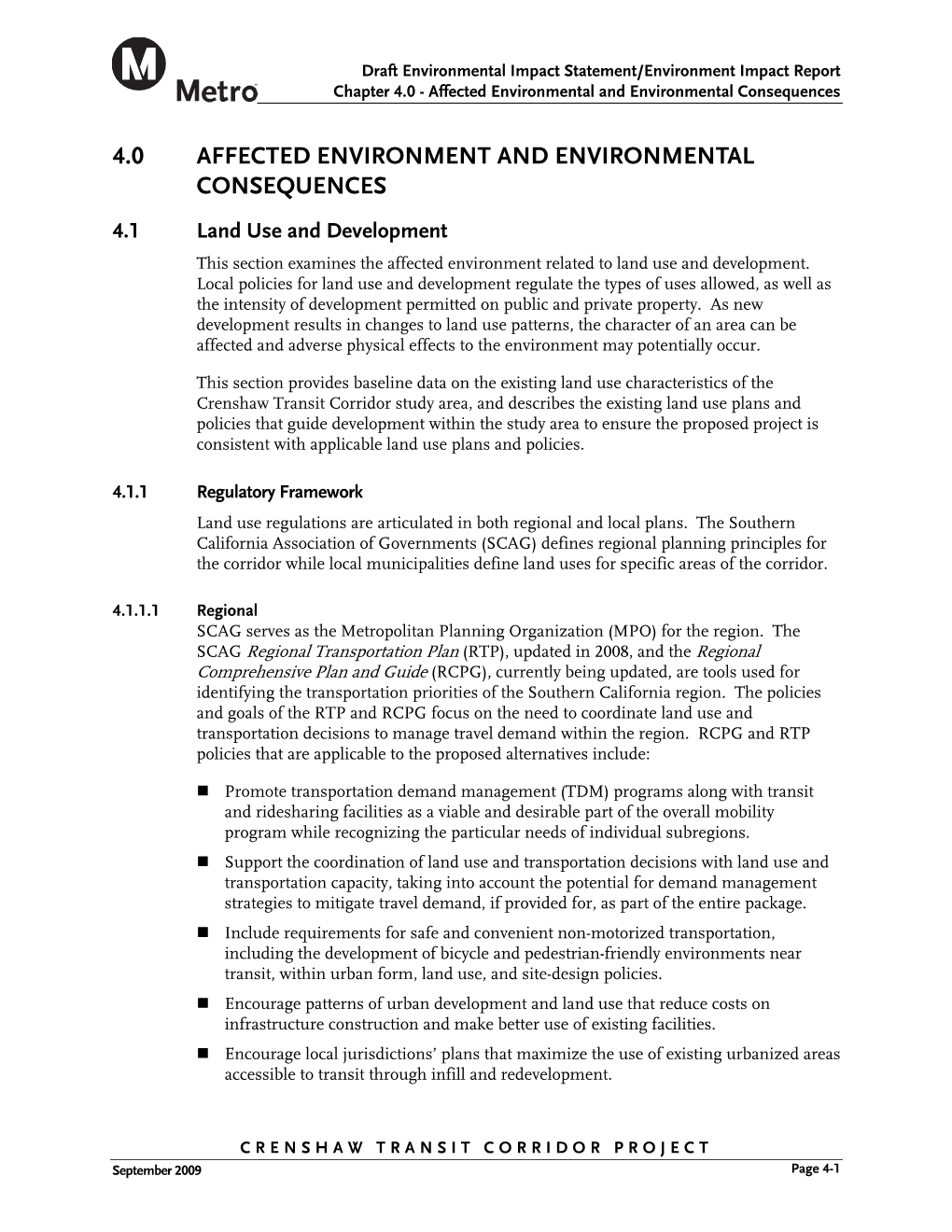 CRENSHAW TRANSIT CORRIDOR PROJECT September 2009 Page 4-1