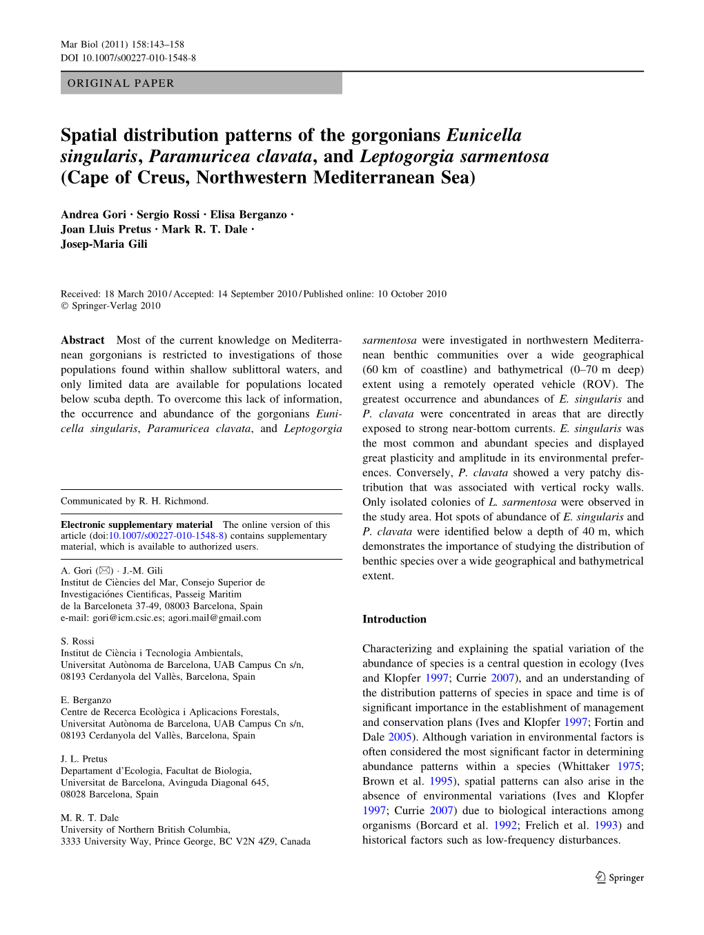 Spatial Distribution Patterns of the Gorgonians Eunicella Singularis, Paramuricea Clavata, and Leptogorgia Sarmentosa (Cape of Creus, Northwestern Mediterranean Sea)