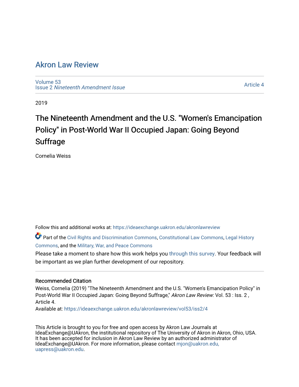 The Nineteenth Amendment and the U.S. "Women's Emancipation Policy" in Post-World War II Occupied Japan: Going Beyond Suffrage