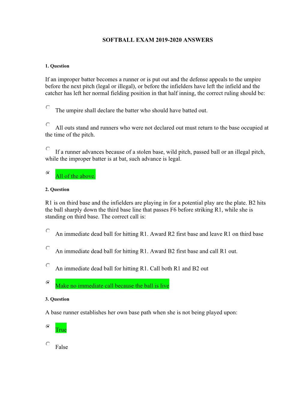 SOFTBALL EXAM 2019-2020 ANSWERS If an Improper Batter