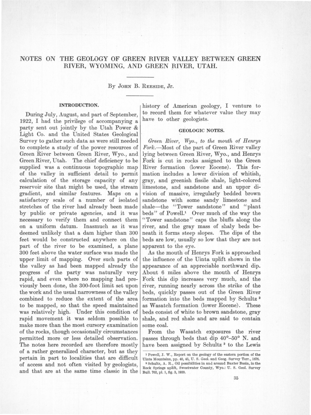 Notes on the Geology of Green River Valley Between Green River, Wyoming, and Green ;River, Utah