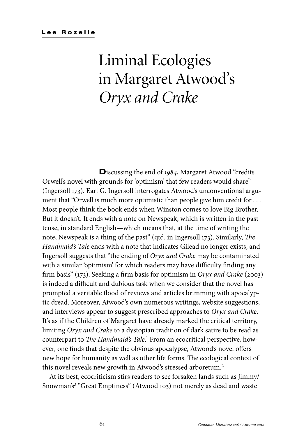 Liminal Ecologies in Margaret Atwood's Oryx and Crake
