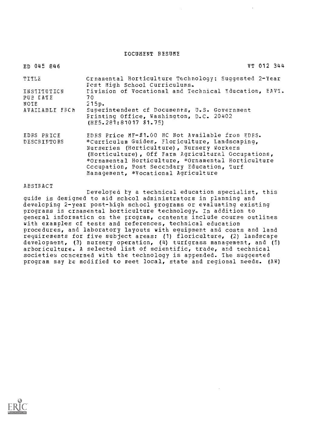 Ornamental Horticulture Technology; Suggested 2-Year Post High