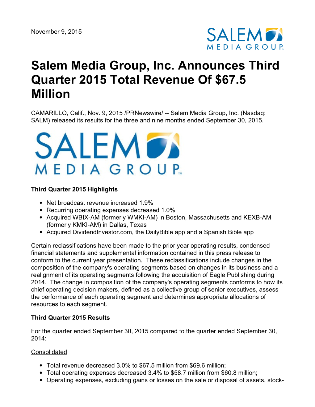 Salem Media Group, Inc. Announces Third Quarter 2015 Total Revenue of $67.5 Million