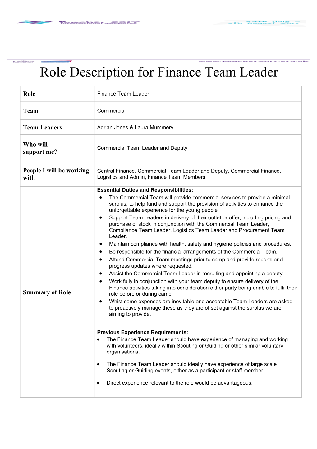 Role Description for Finance Team Leader