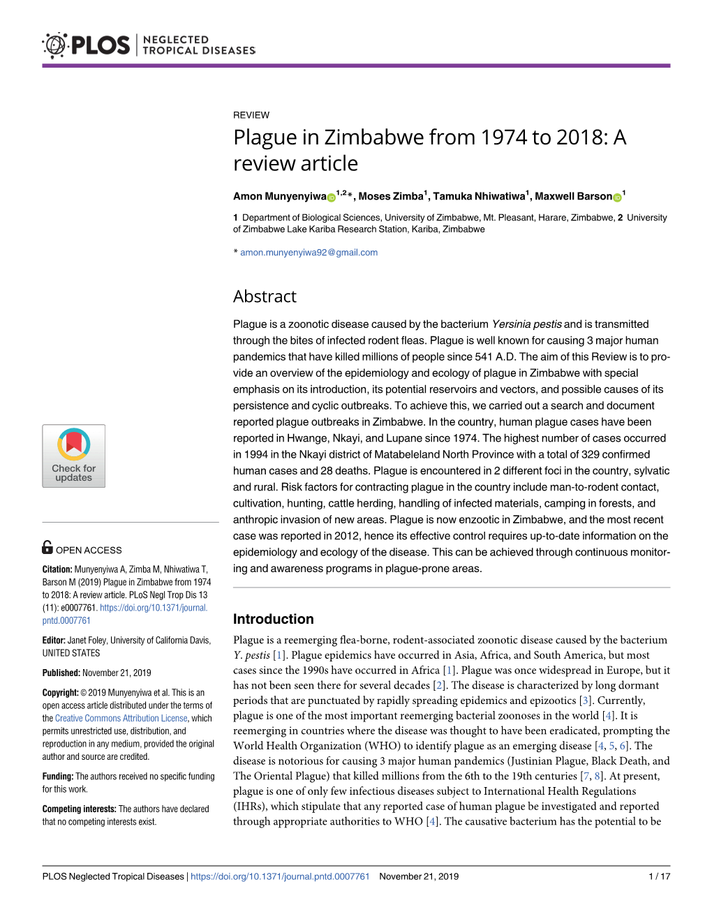 Plague in Zimbabwe from 1974 to 2018: a Review Article