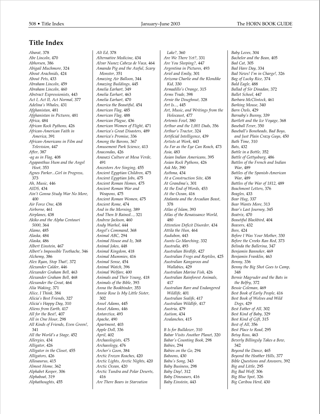 Title Index January–June 2003 the HORN BOOK GUIDE