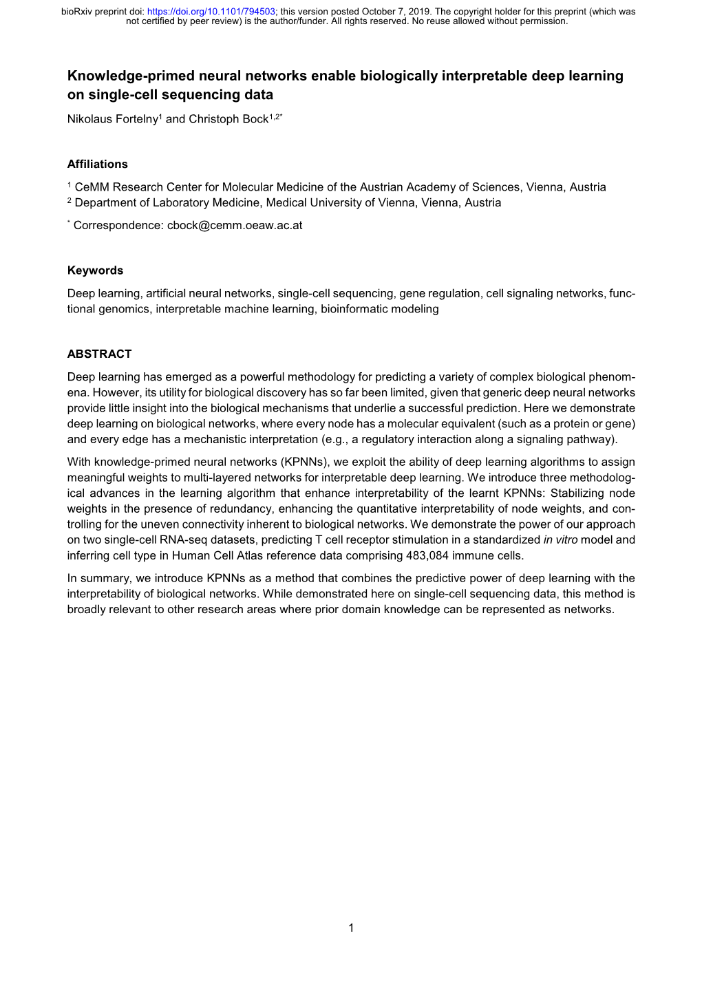 Knowledge-Primed Neural Networks Enable Biologically Interpretable Deep Learning on Single-Cell Sequencing Data Nikolaus Fortelny1 and Christoph Bock1,2*