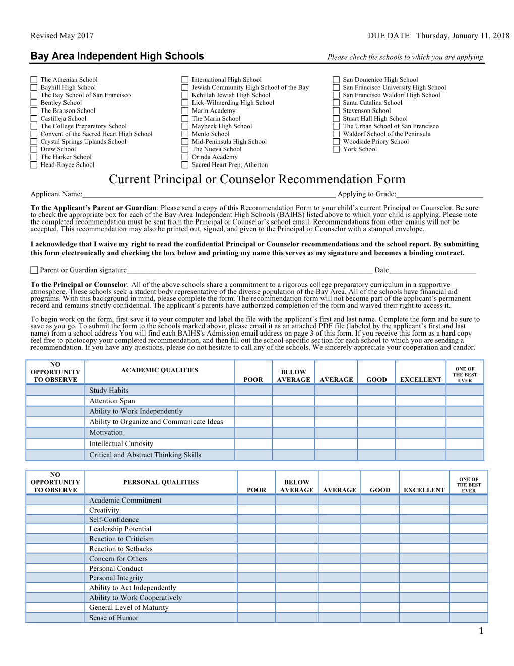 Current Principal Or Counselor Recommendation Form