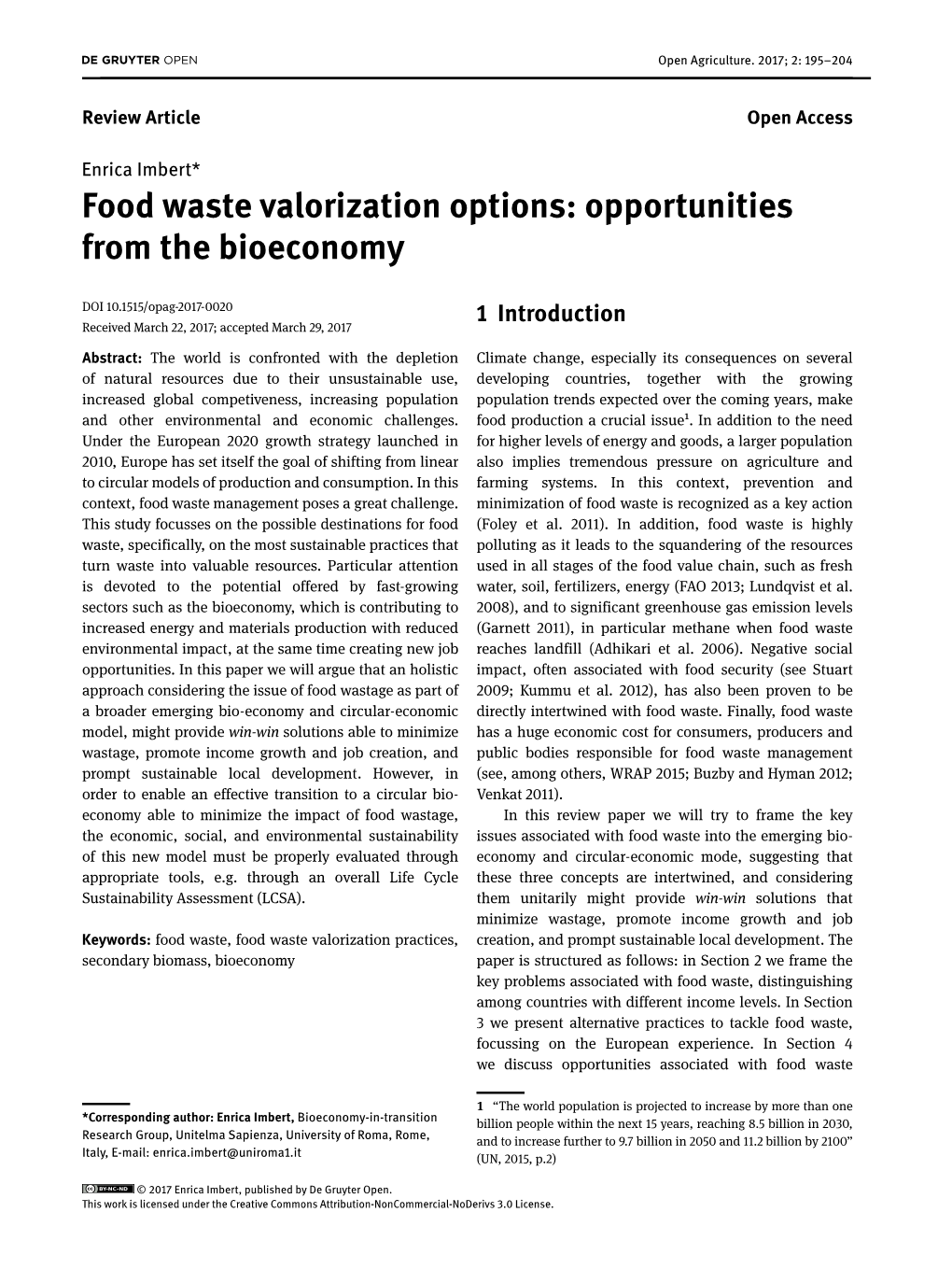Food Waste Valorization Options: Opportunities from the Bioeconomy
