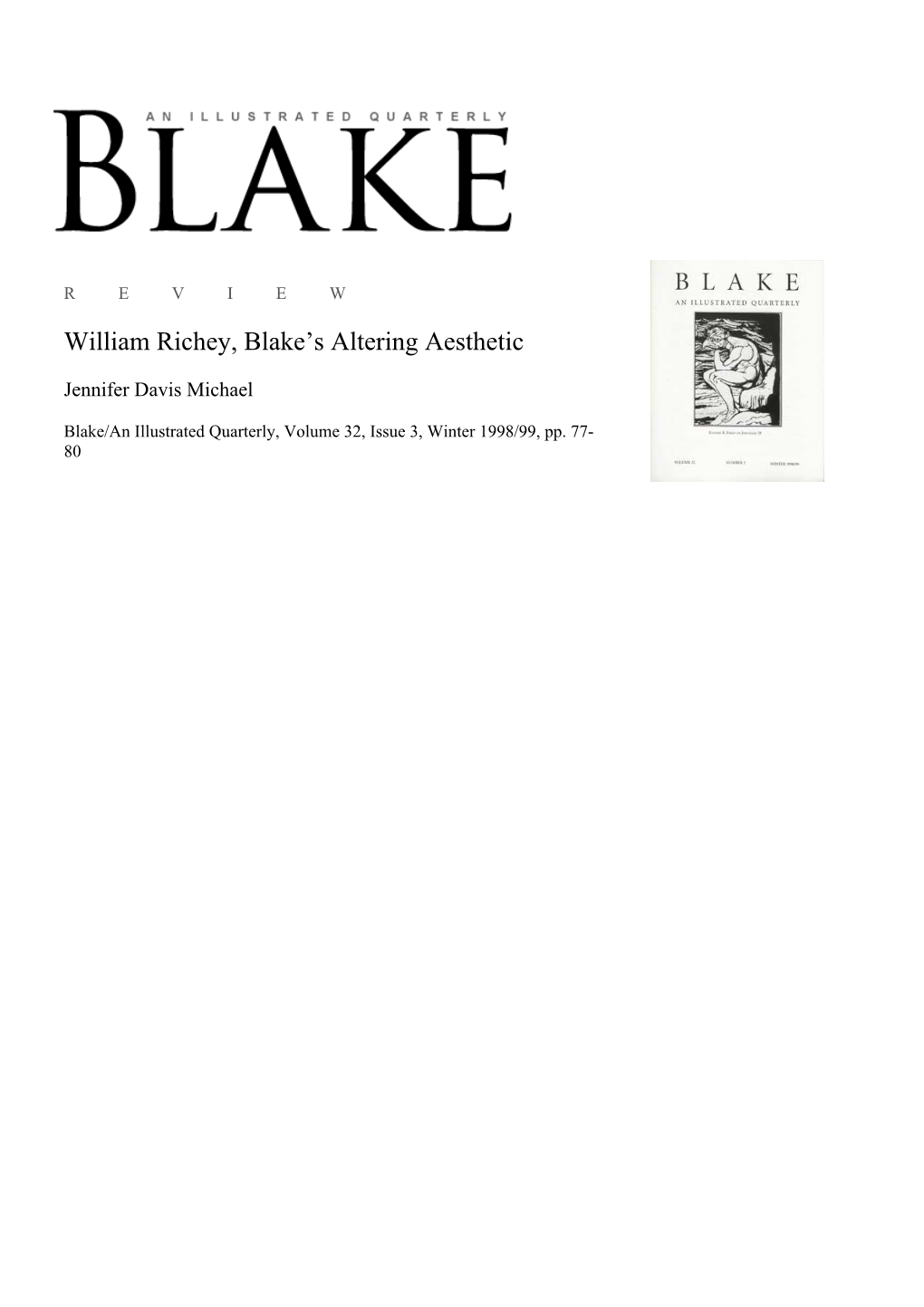 William Richey, Blake's Altering Aesthetic