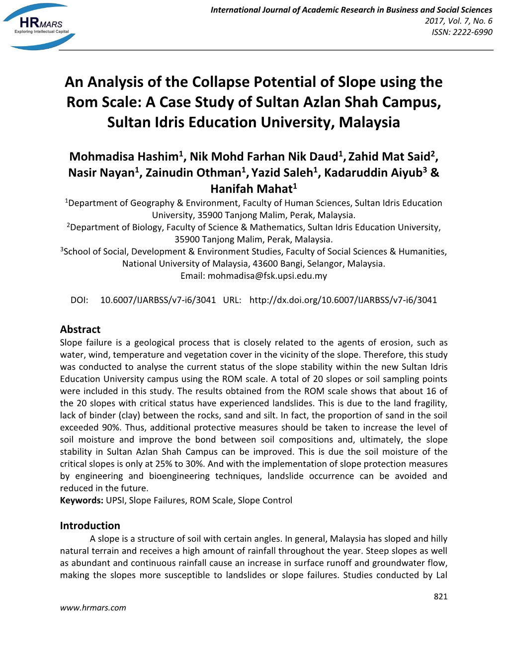 An Analysis of the Collapse Potential of Slope Using the Rom Scale: a Case Study of Sultan Azlan Shah Campus, Sultan Idris Education University, Malaysia