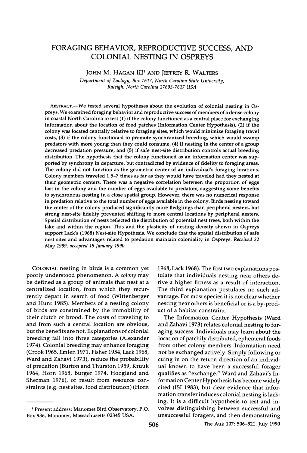 Foraging Behavior, Reproductive Success, and Colonial Nesting in Ospreys