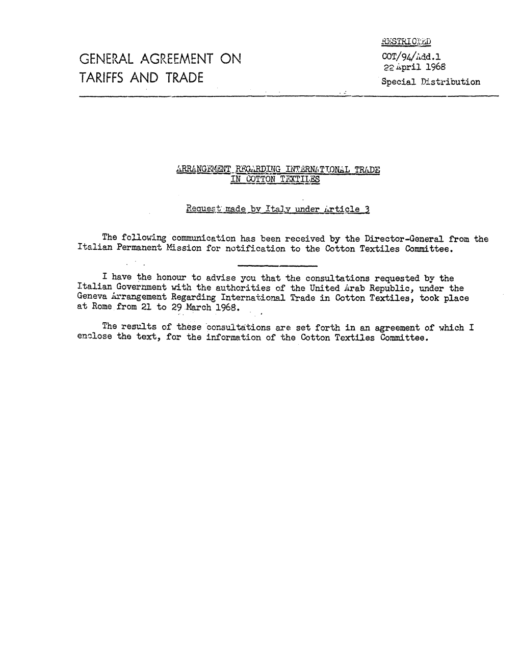 TARIFFS and TRADE Special Distribution