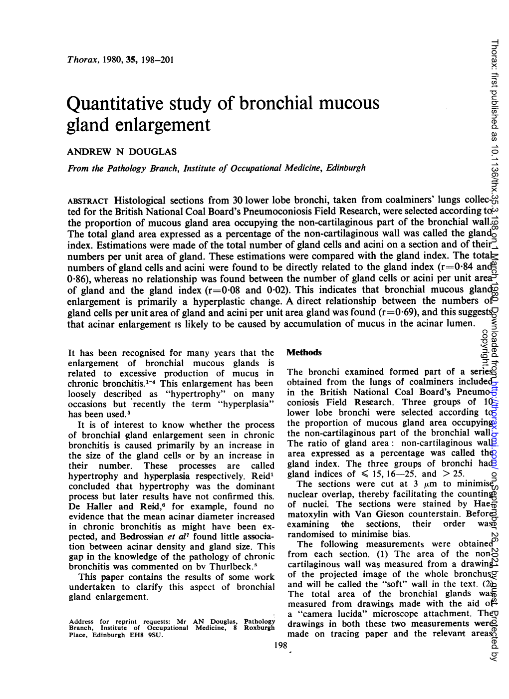 Quantitative Study of Bronchial Mucous Gland Enlargement ANDREW N DOUGLAS from the Pathology Branch, Institute of Occupational Medicine, Edinburgh