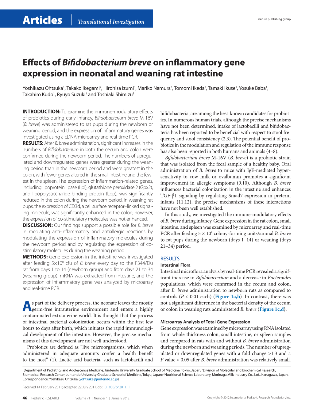 Effects of Bifidobacterium Breve on Inflammatory Gene Expression In