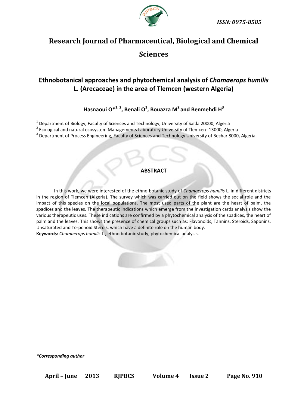 ISSN: 0975-8585 April – June 2013 RJPBCS Volume 4 Issue 2 Page