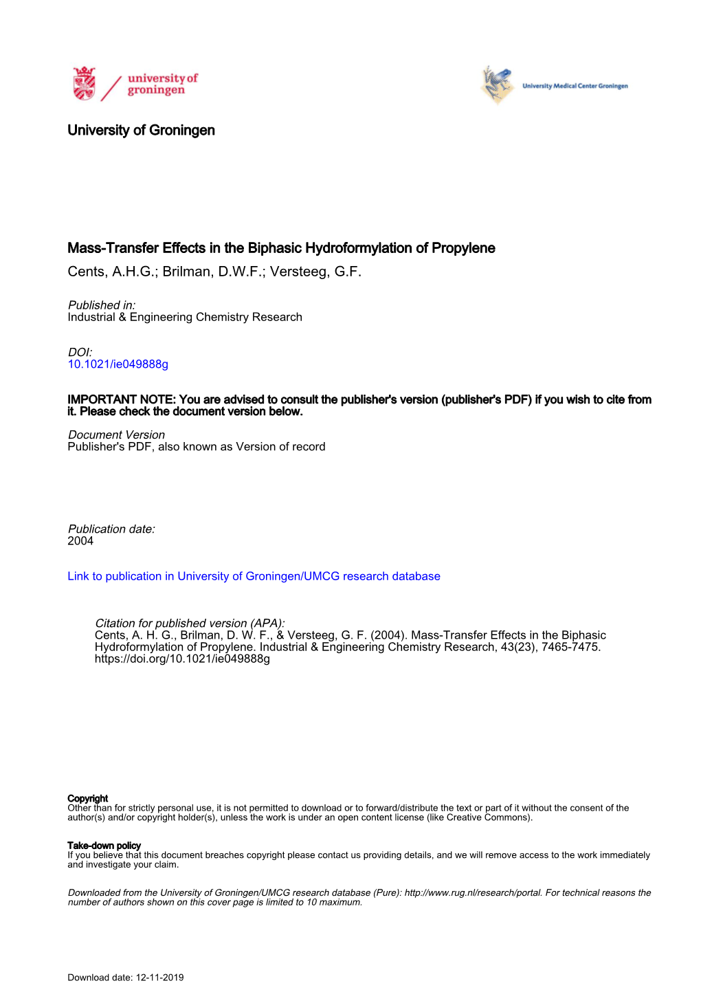 University of Groningen Mass-Transfer Effects in the Biphasic Hydroformylation of Propylene Cents