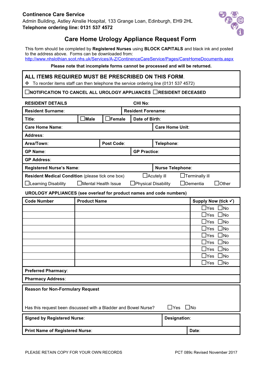 Care Home Urology Appliance Request Form