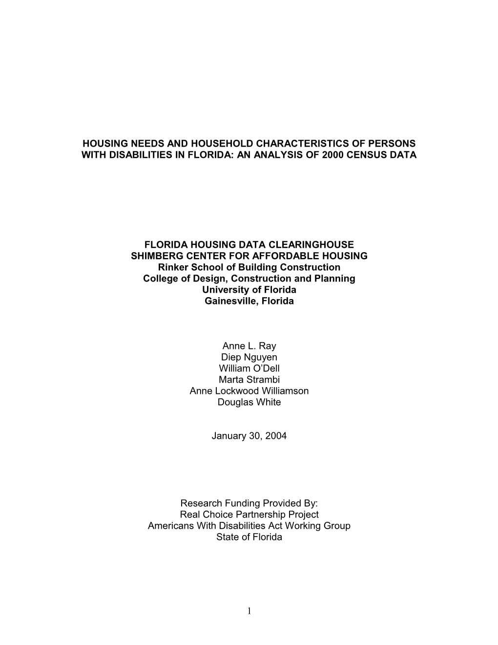 Housing Needs and Household Characteristics of Persons with Disabilities in Florida: An