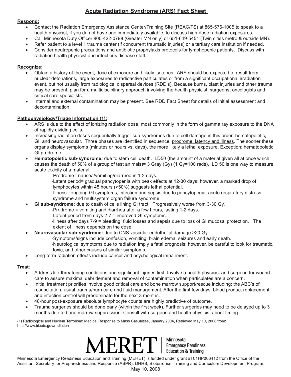 Acute Radiation Syndrome (ARS) Fact Sheet