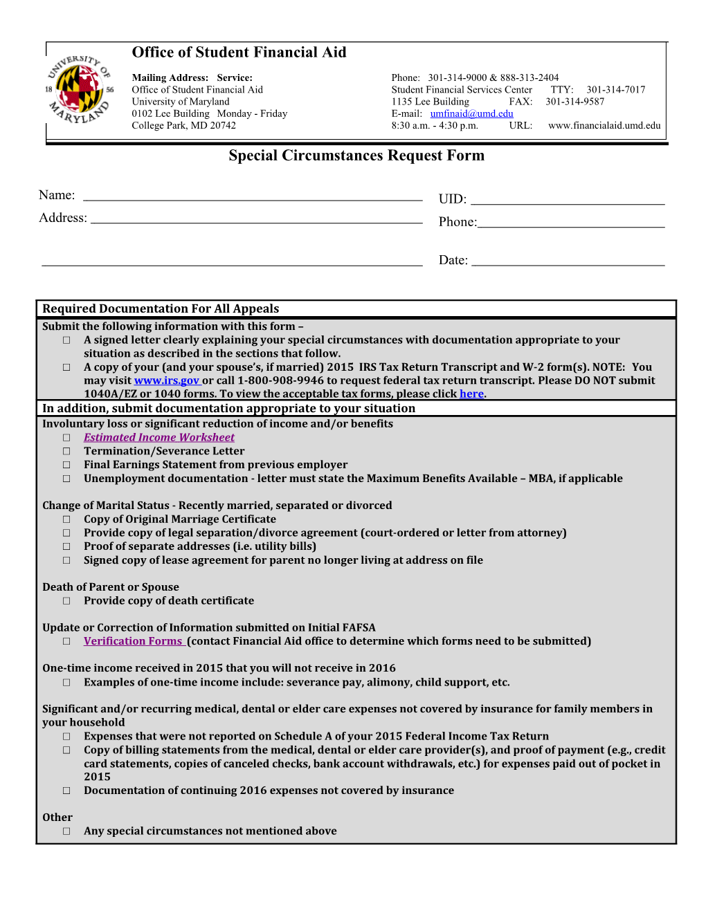 Special Circumstances Request Form