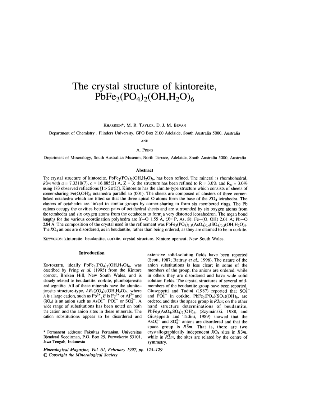 The Crystal Structure of Kintoreite, Pbfe3(P04)2(OH,H20)6