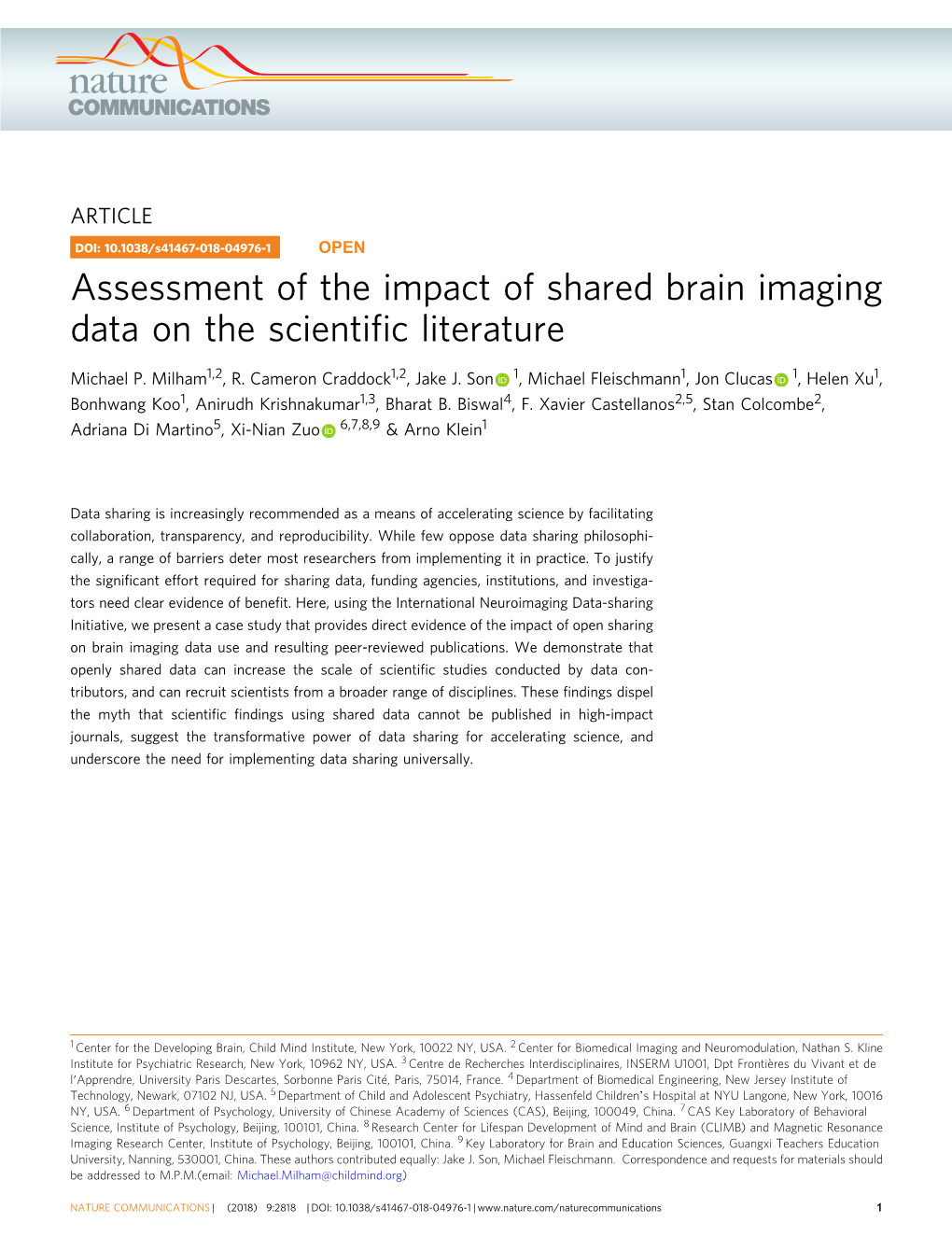 Assessment of the Impact of Shared Brain Imaging Data on the Scientific Literature