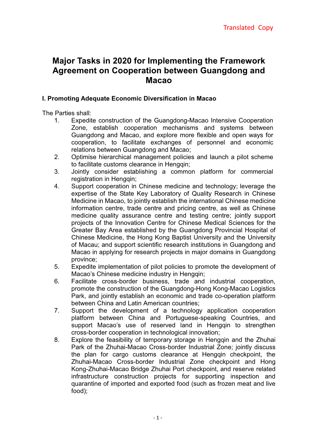 Major Tasks in 2020 for Implementing the Framework Agreement on Cooperation Between Guangdong and Macao
