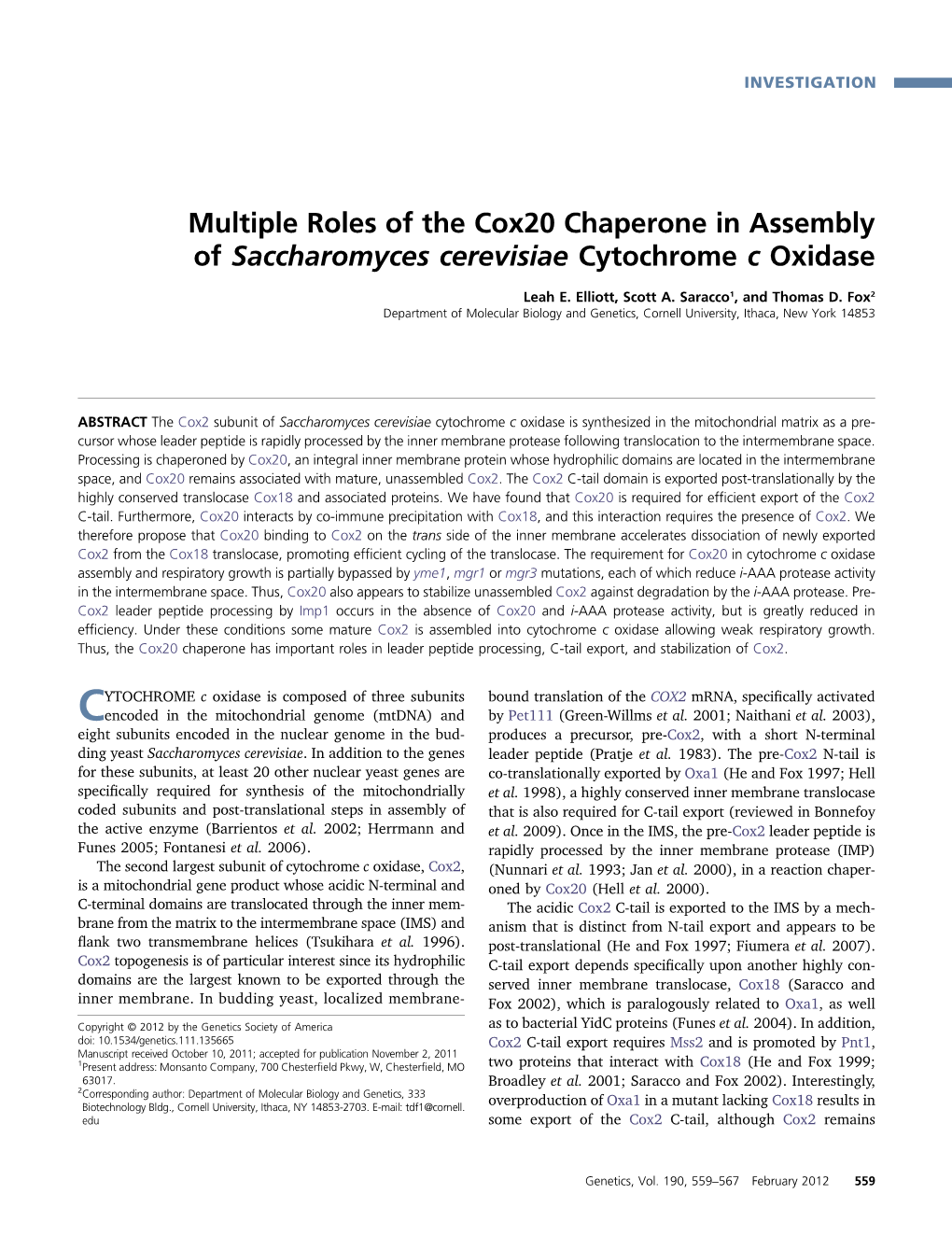 Multiple Roles of the Cox20 Chaperone in Assembly of Saccharomyces Cerevisiae Cytochrome C Oxidase