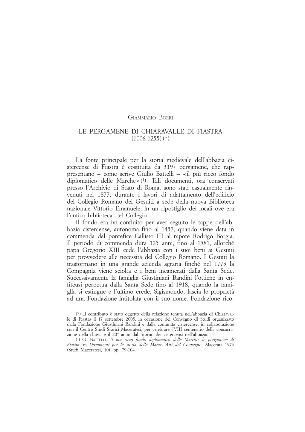 Le Pergamene Di Chiaravalle Di Fiastra (1006-1255) (*)