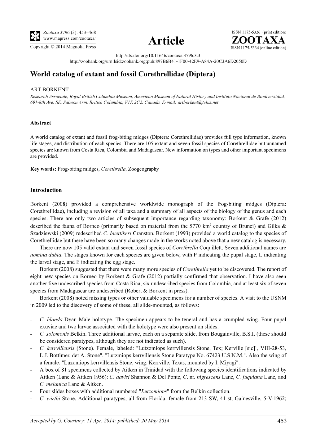 World Catalog of Extant and Fossil Corethrellidae (Diptera)