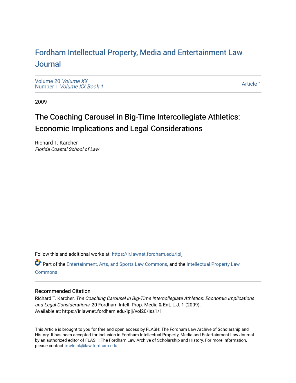 The Coaching Carousel in Big-Time Intercollegiate Athletics: Economic Implications and Legal Considerations