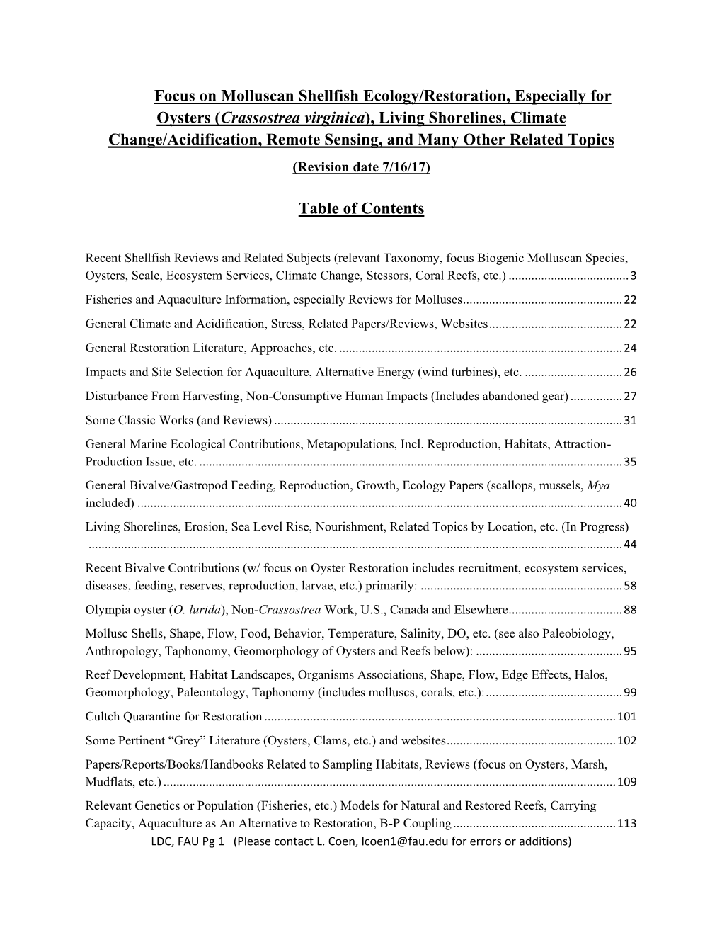 Crassostrea Virginica), Living Shorelines, Climate Change/Acidification, Remote Sensing, and Many Other Related Topics (Revision Date 7/16/17)