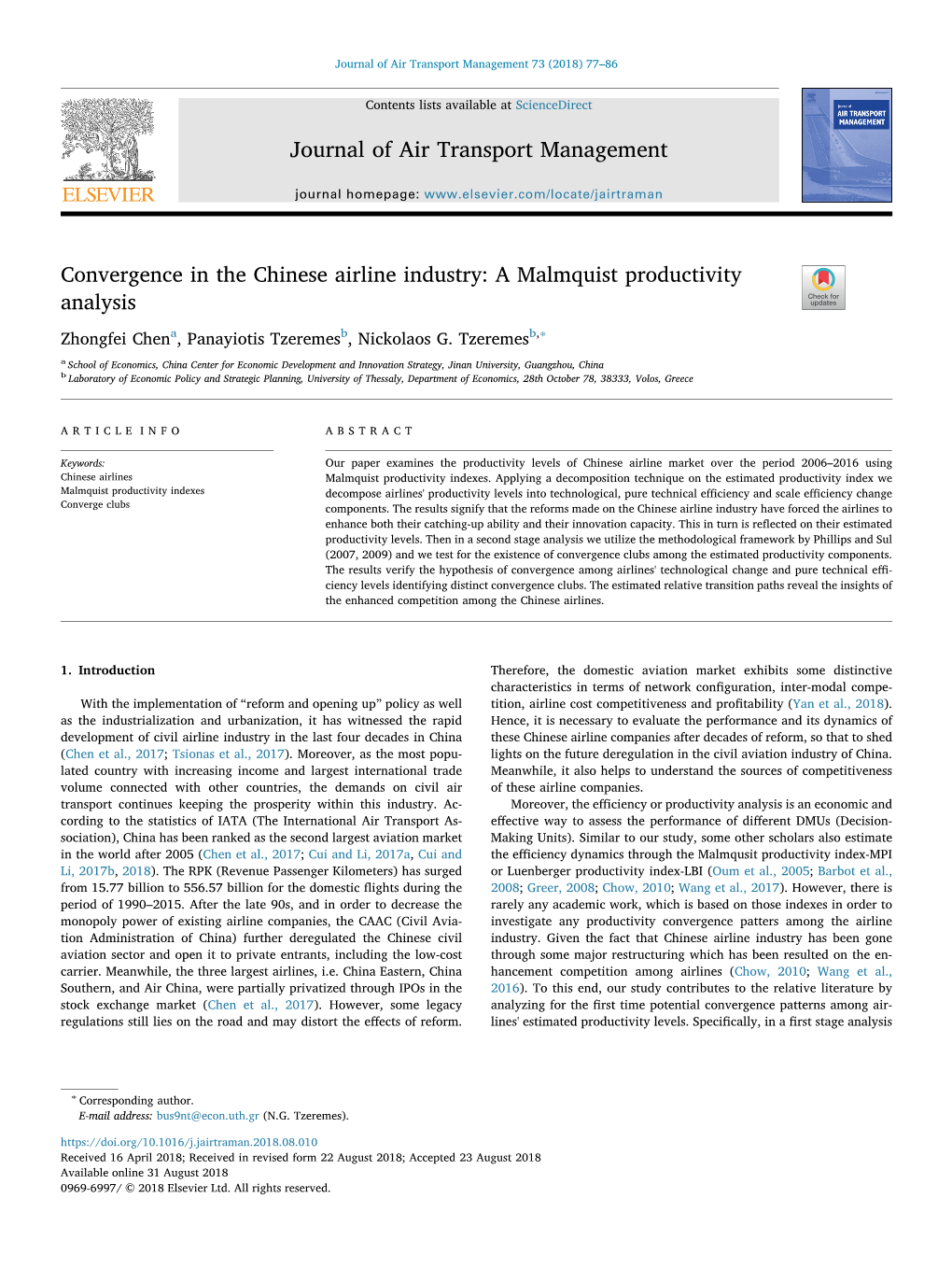 Convergence in the Chinese Airline Industry a Malmquist Productivity