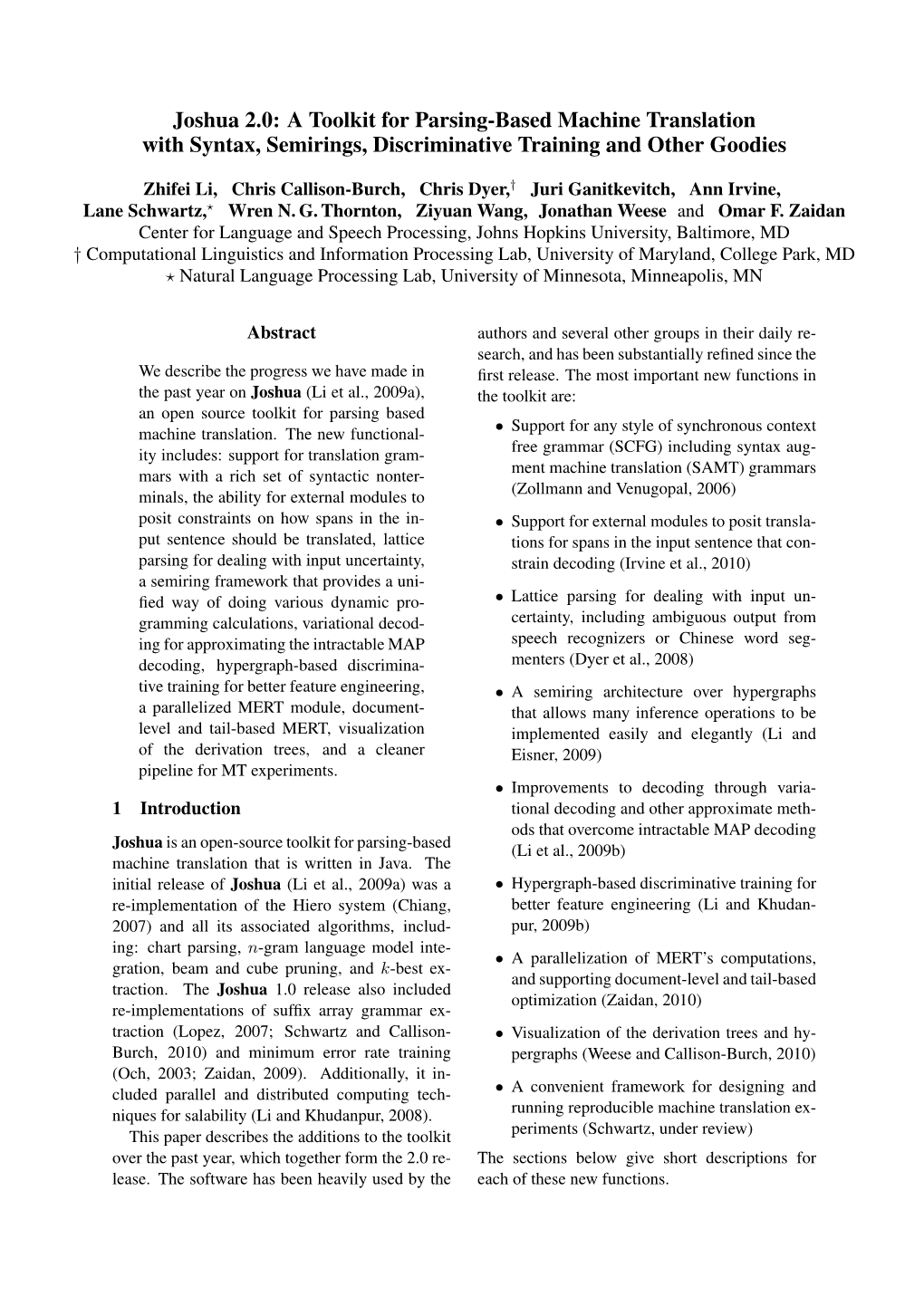 Joshua 2.0: a Toolkit for Parsing-Based Machine Translation with Syntax, Semirings, Discriminative Training and Other Goodies