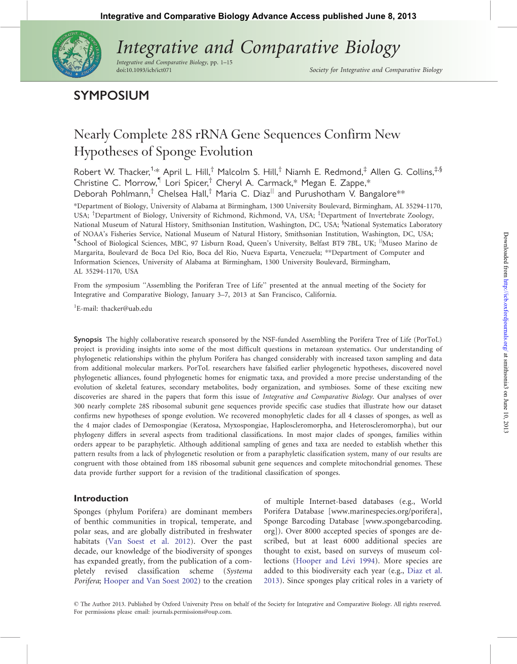 Integrative and Comparative Biology Advance Access Published June 8, 2013 Integrative and Comparative Biology Integrative and Comparative Biology, Pp