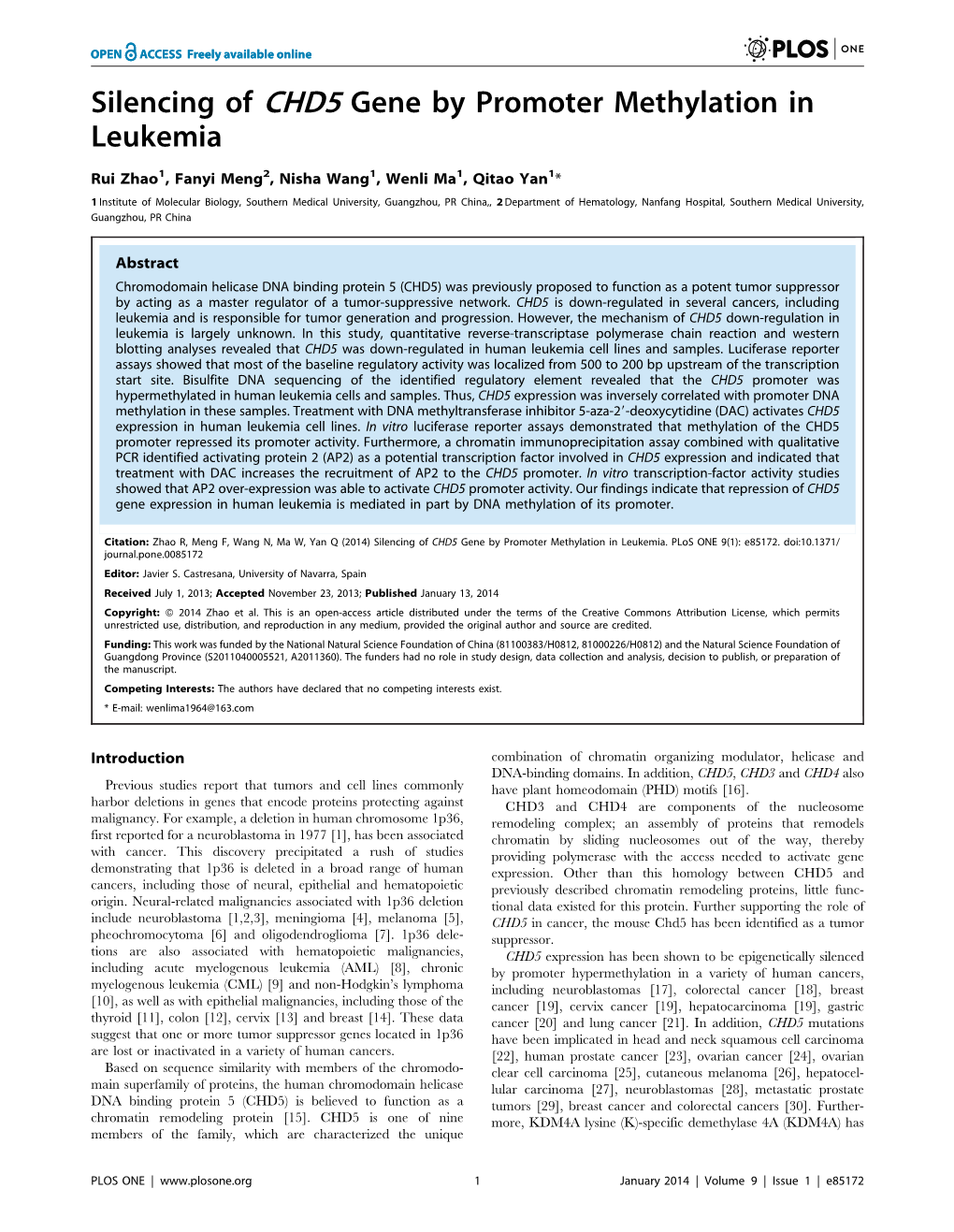 Silencing of CHD5 Gene by Promoter Methylation in Leukemia