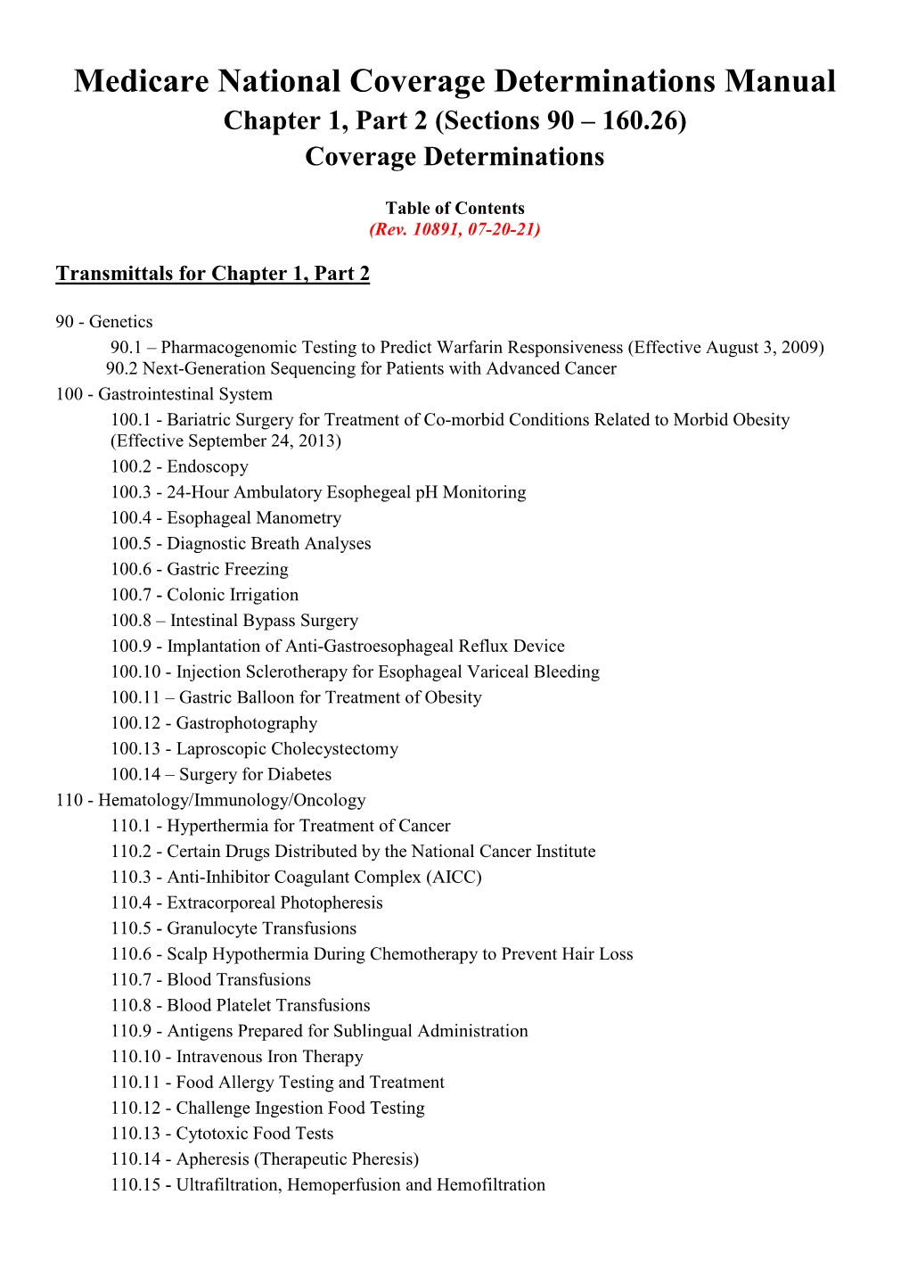 Medicare National Coverage Determinations Manual Chapter 1, Part 2 (Sections 90 – 160.26) Coverage Determinations