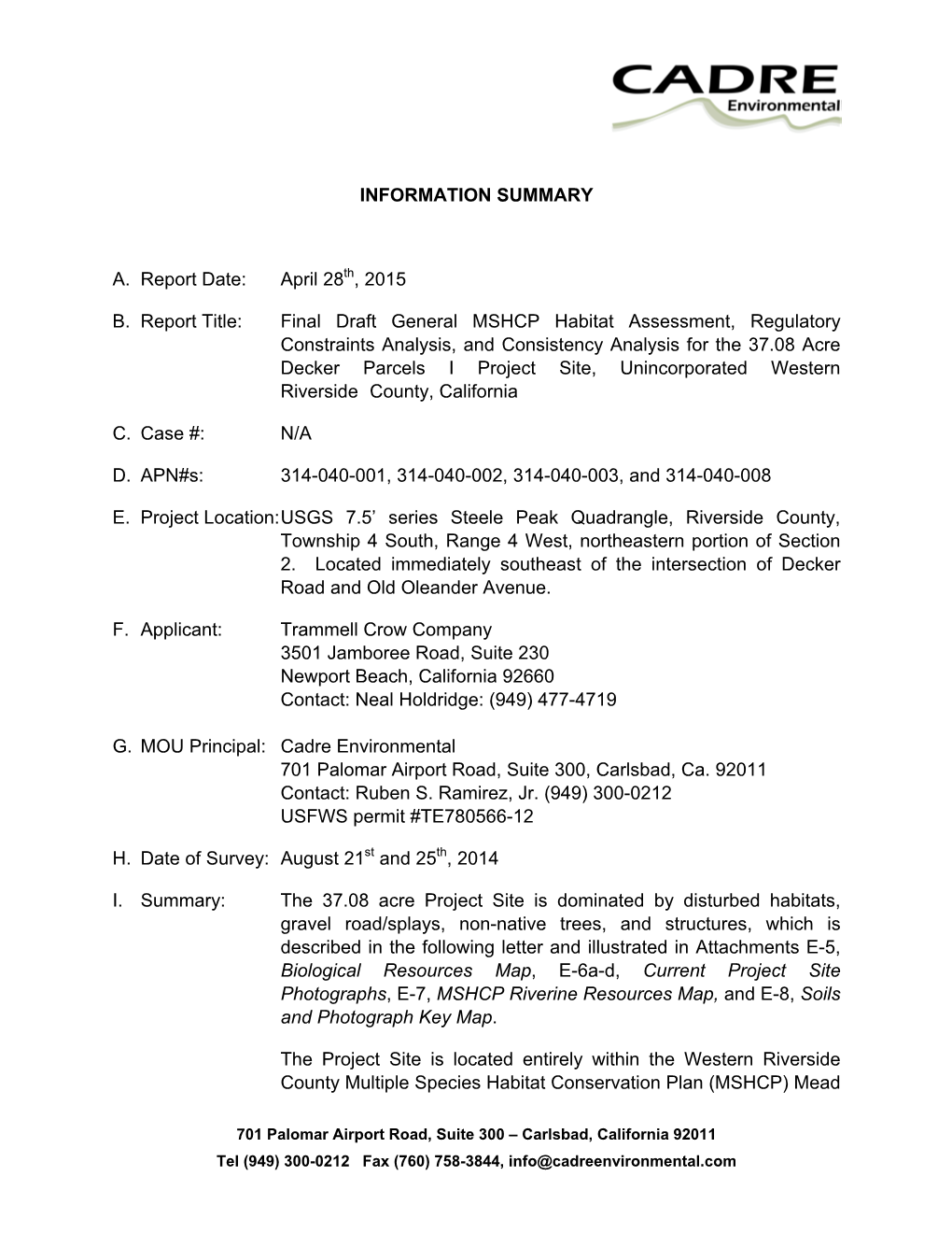 C1-Building D MSHCP Habitat Assessment and Constraints Analysis