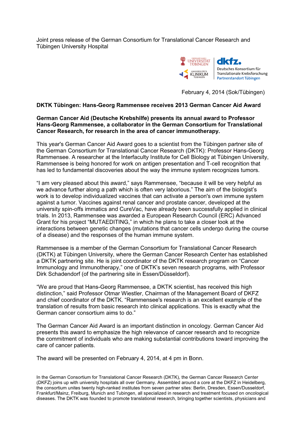 Joint Press Release of the German Consortium for Translational Cancer Research and Tübingen University Hospital